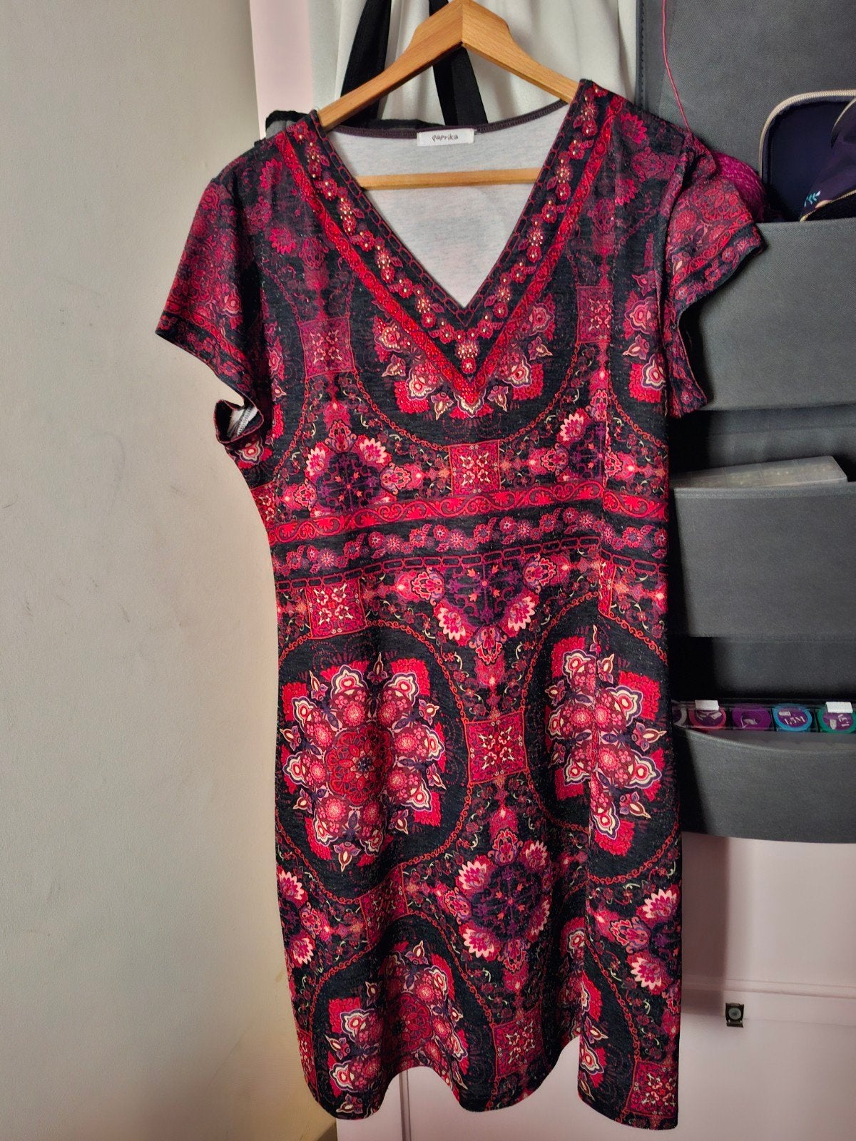 Paprika jurk met glitter en print maat 3 /48, Kleding | Dames, Jurken, Maat 46/48 (XL) of groter, Ophalen of Verzenden, Paprika