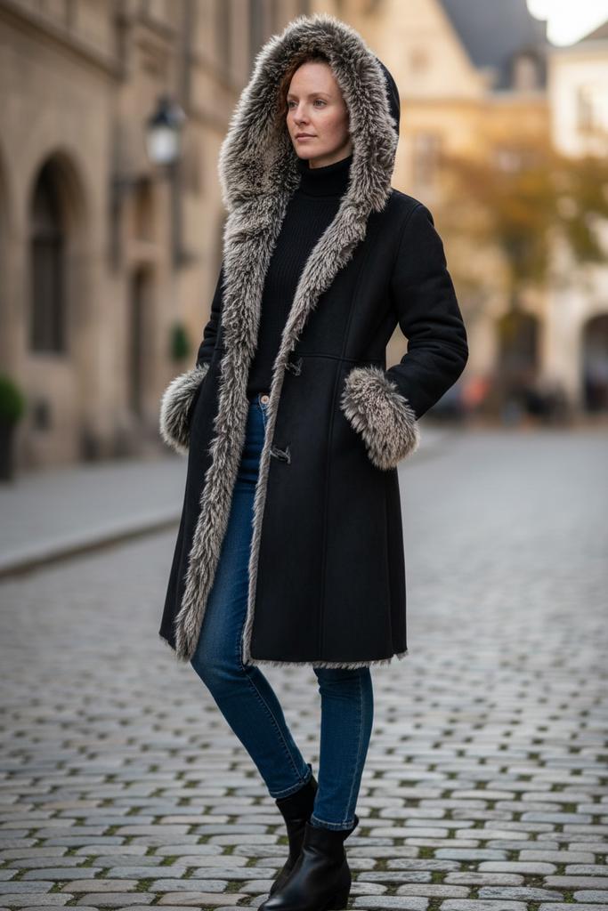Luxe Patrizia Dini Winterjas - Zwart met Faux Fur, Ophalen of Verzenden, Gedragen, Maat 42/44 (L), Zwart