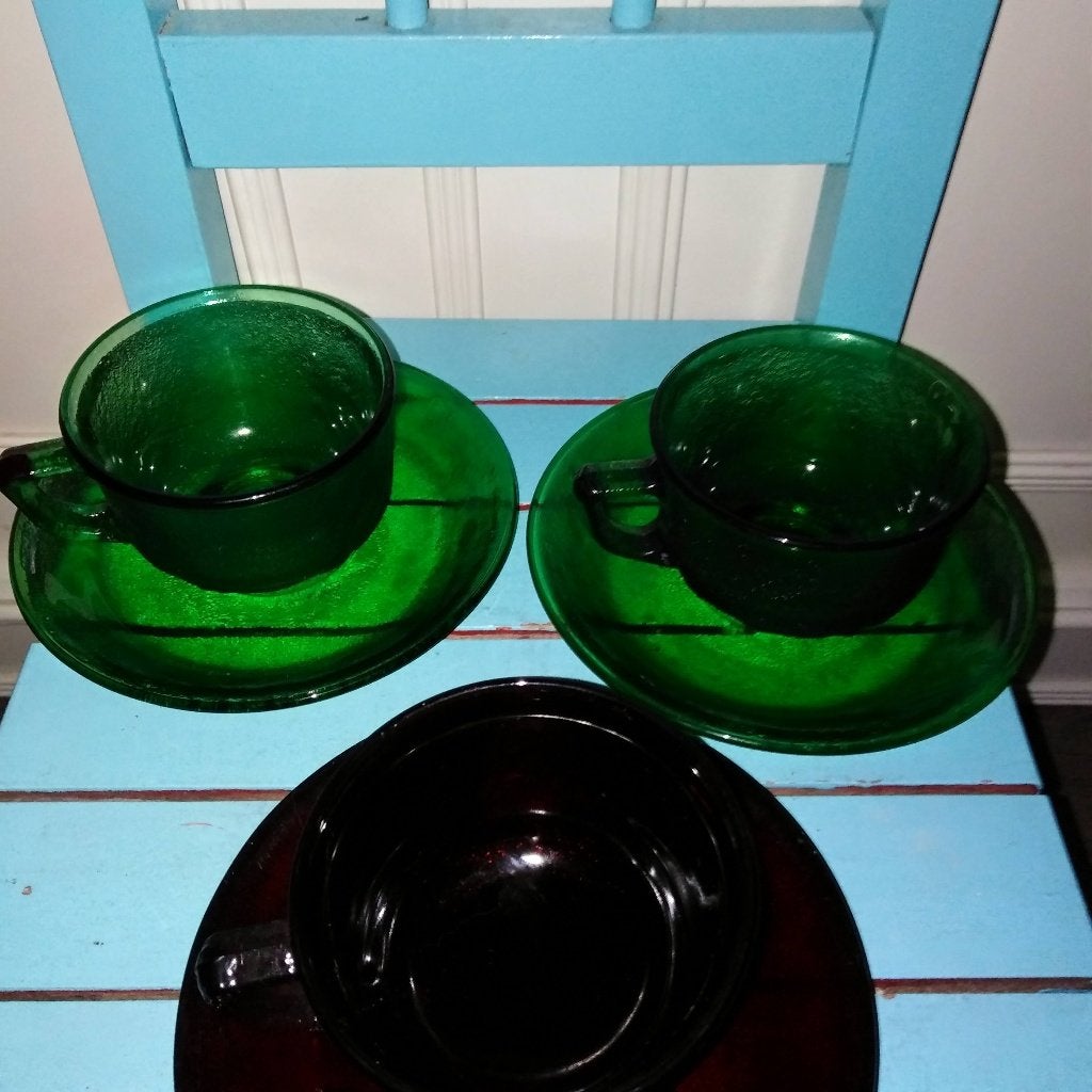 3 Arcoroc Sierra kop en schotels: 2x groen, 1x rood, Ophalen, Gebruikt, Glas, Overige stijlen