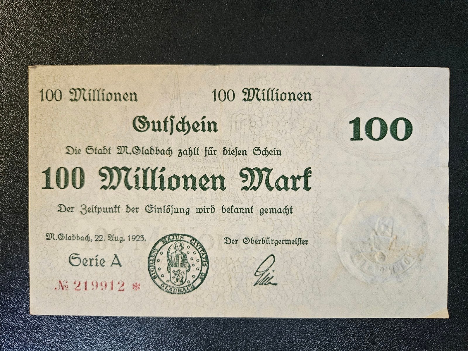 Duitsland M.Gladbach Rheinland 1923 100000000 Mark, Ophalen of Verzenden, Duitsland, Los biljet