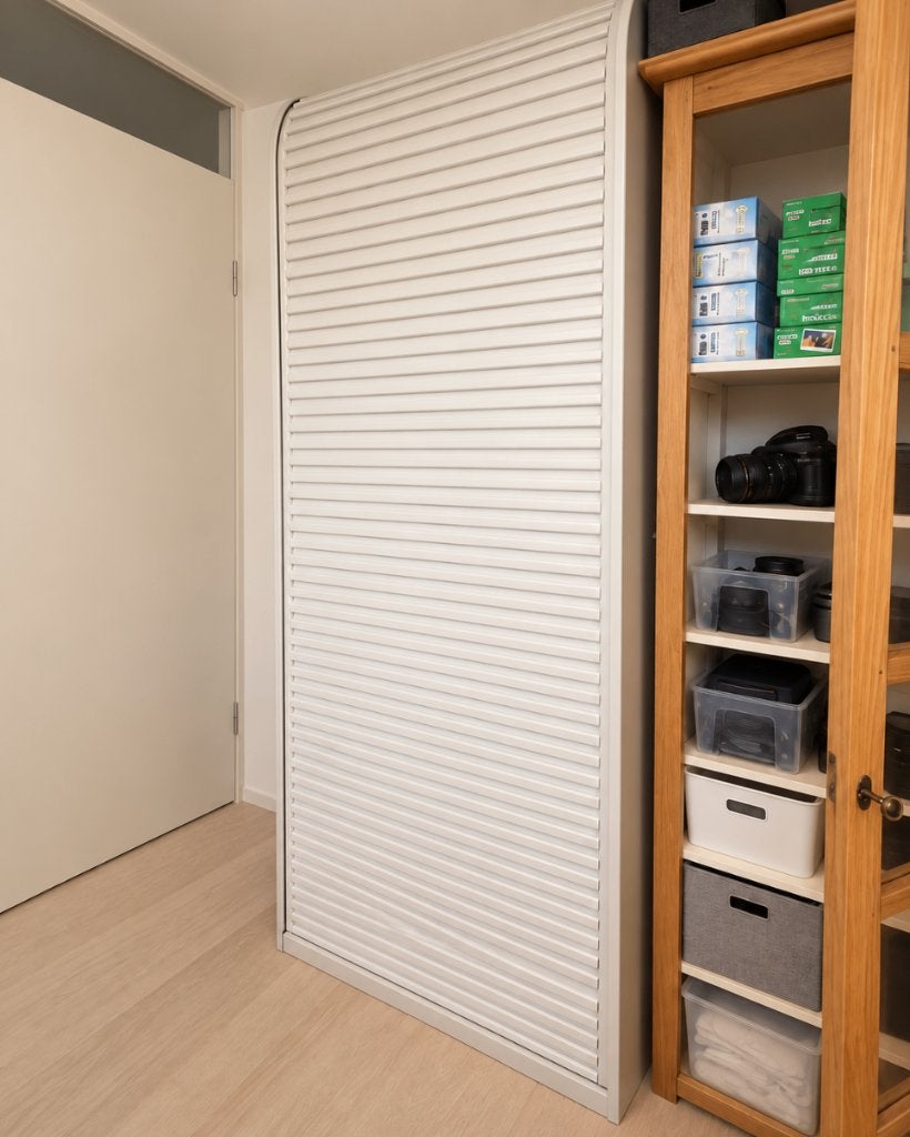 Grijz Pastoe A'dammer design kast met roldeur en planken/la, Huis en Inrichting, Ophalen, Gebruikt, 50 tot 100 cm, Modern