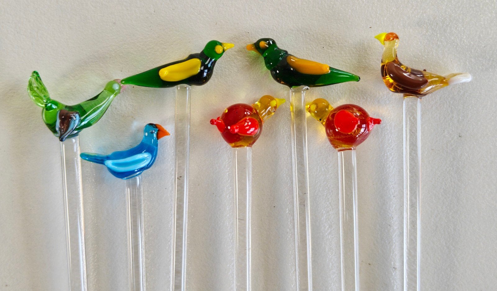 Handgemaakte glazen cocktail prikkers met vogels, Antiek en Kunst, Ophalen of Verzenden