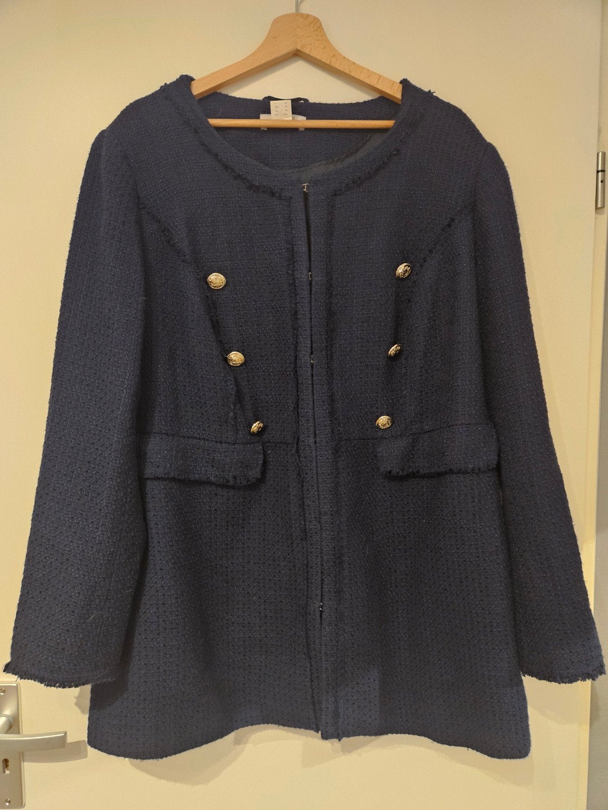 Donkerblauwe tweed jas met gouden knopen, Blauw, Maat 42/44 (L), Ophalen of Verzenden, Onbekend