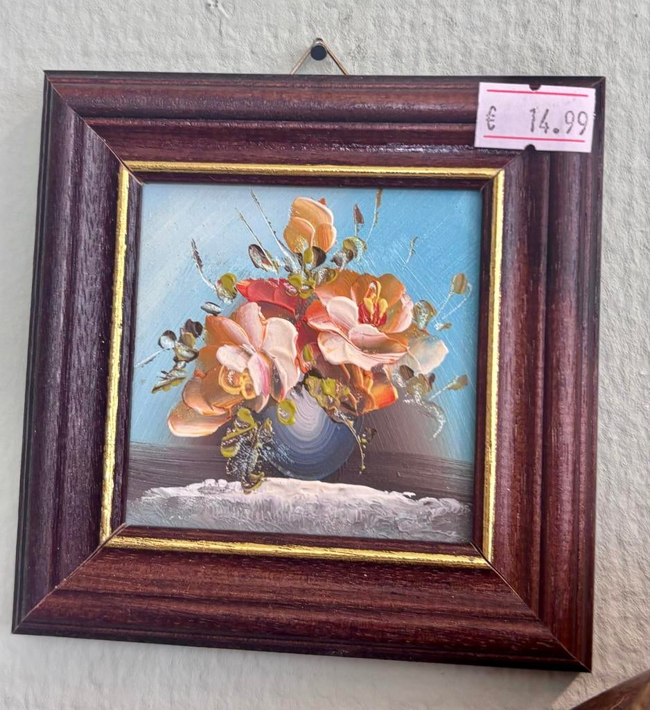 Vintage mini olieverf schilderijtjes - Bloemen, Ophalen of Verzenden
