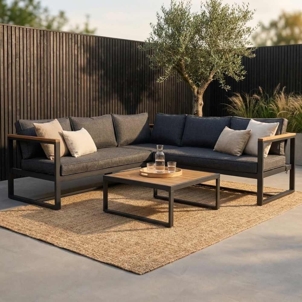 Milton hoek loungeset zwart | aluminium + hout | 200x200cm, Ophalen, 5 zitplaatsen, Aston Martinlaan 36, Bank