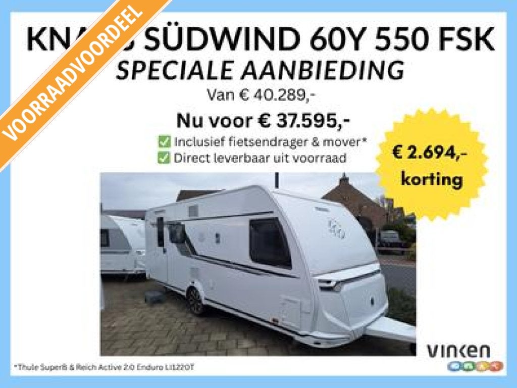 Knaus Sudwind 60 Years 550 FSK INCL MOVER EN FIETSDRAGER, Caravans en Kamperen, Caravans, Schokbreker, Overige typen, Bedrijf