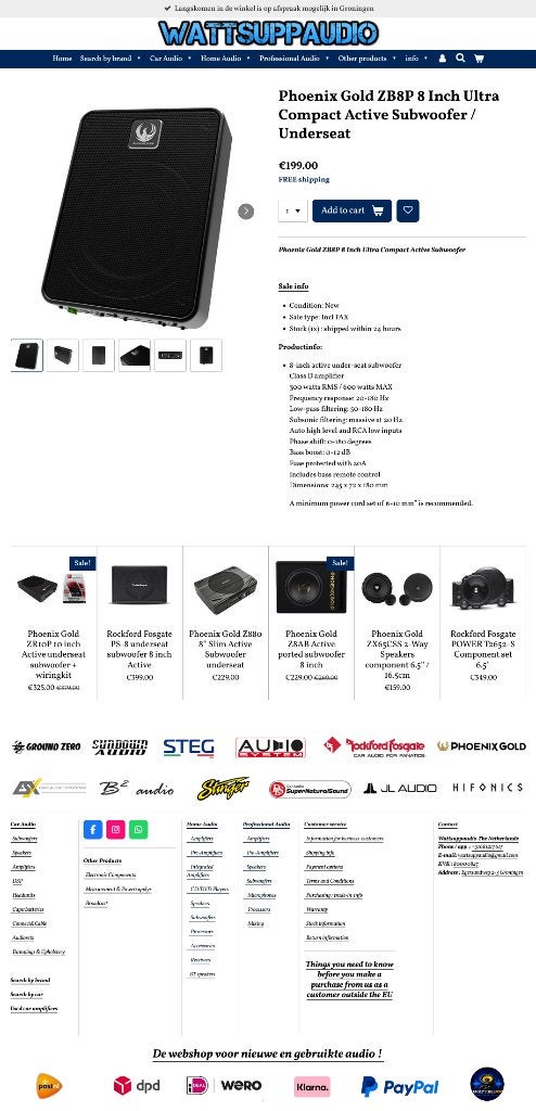 Phoenix Gold ZB8P 8 Inch Ultra Compact Actief Subwoofer 600W, Hifi-Focus, Aalsmeerderweg 173 1432 CL, Aalsmeer, Nieuw, Ophalen of Verzenden