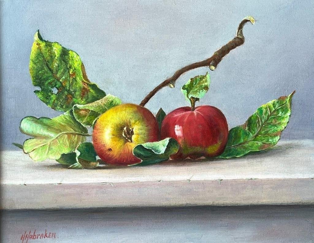 Schilderij stilleven appels op tafel. Hans Habraken., Ingelijst, Paneel, Realistisch, Stilleven