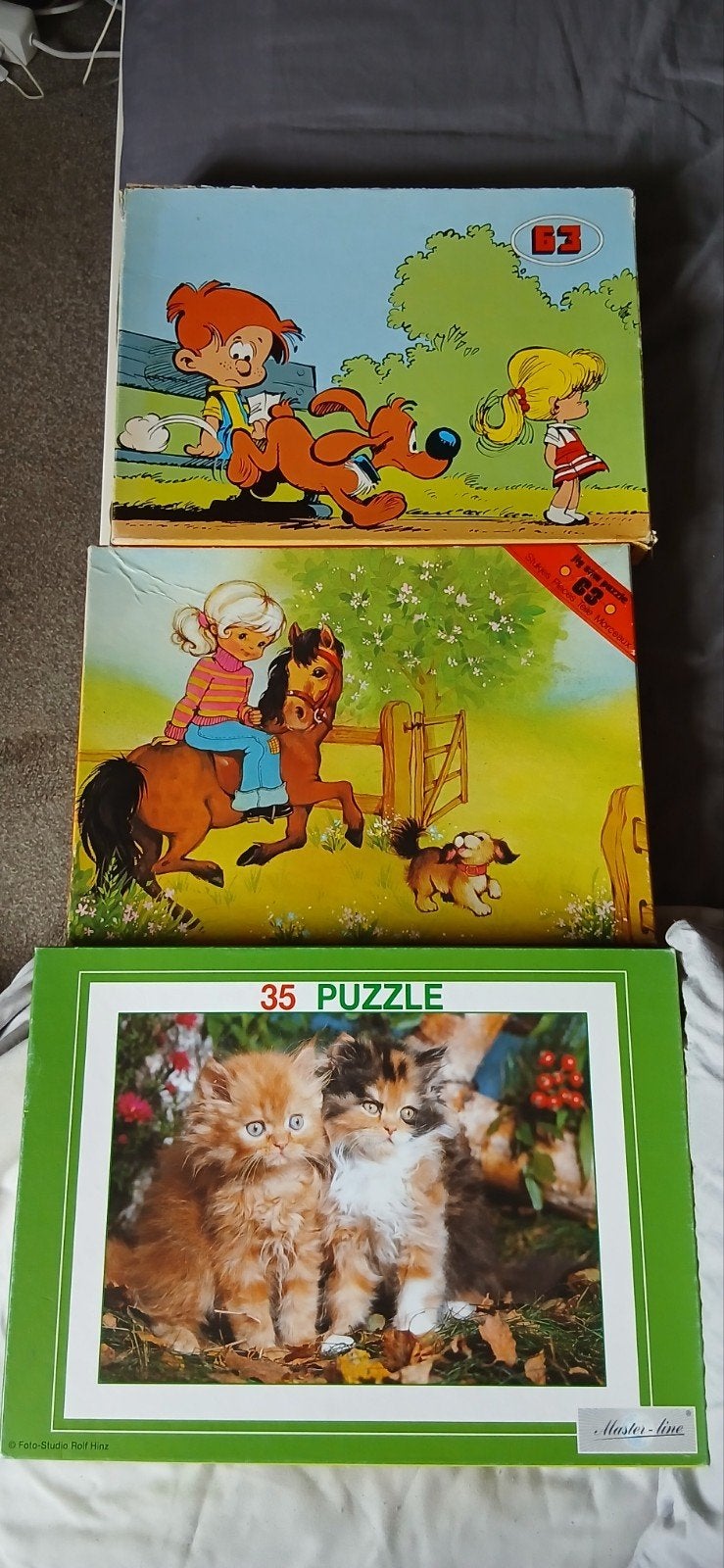 Gratis Puzzels: 2x 63 stukjes, 1x 35 stukjes van poezen/kat, Ophalen, Minder dan 500 stukjes, Gebruikt