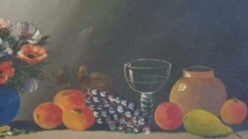 Olieverf stilleven fruit vaas bloemen, Ophalen