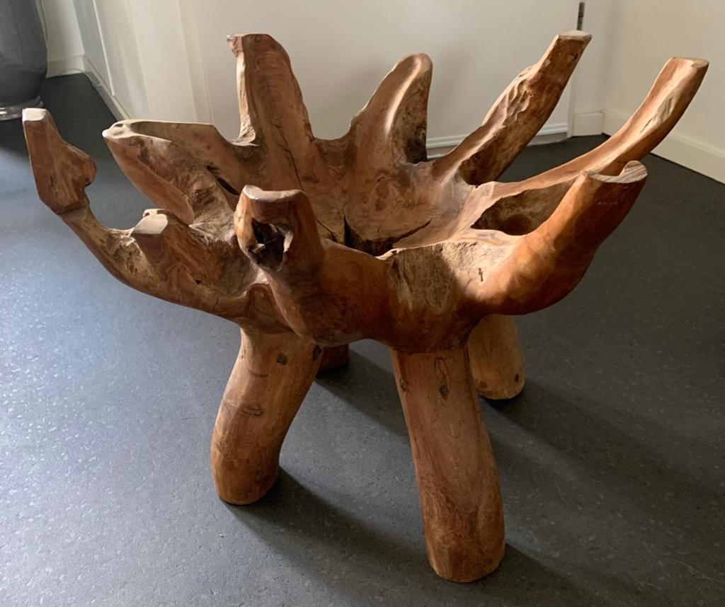 Prachtige hout stronk tafel met glasplaat, Ophalen, Rond, 50 tot 100 cm, Minder dan 50 cm