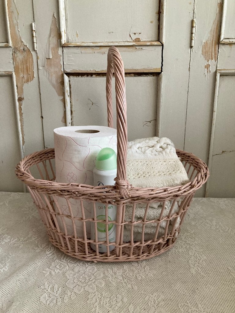 Brocante licht roze rieten mandje met hengsel - luiermandje, Ophalen, Gebruikt, Overige typen, Gevlochten