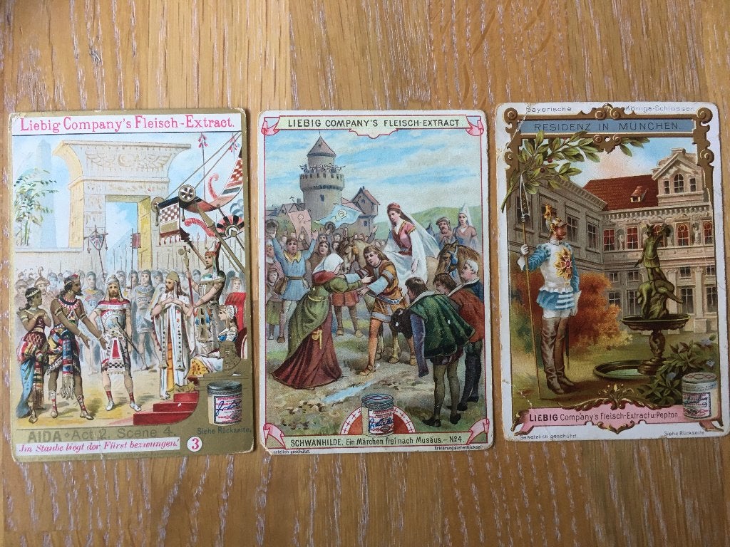 liebig reclameplaatjes litho 7x11cm 3x voor 5,- samen, Gebruikt, Verzenden, Voor 1940, Prent