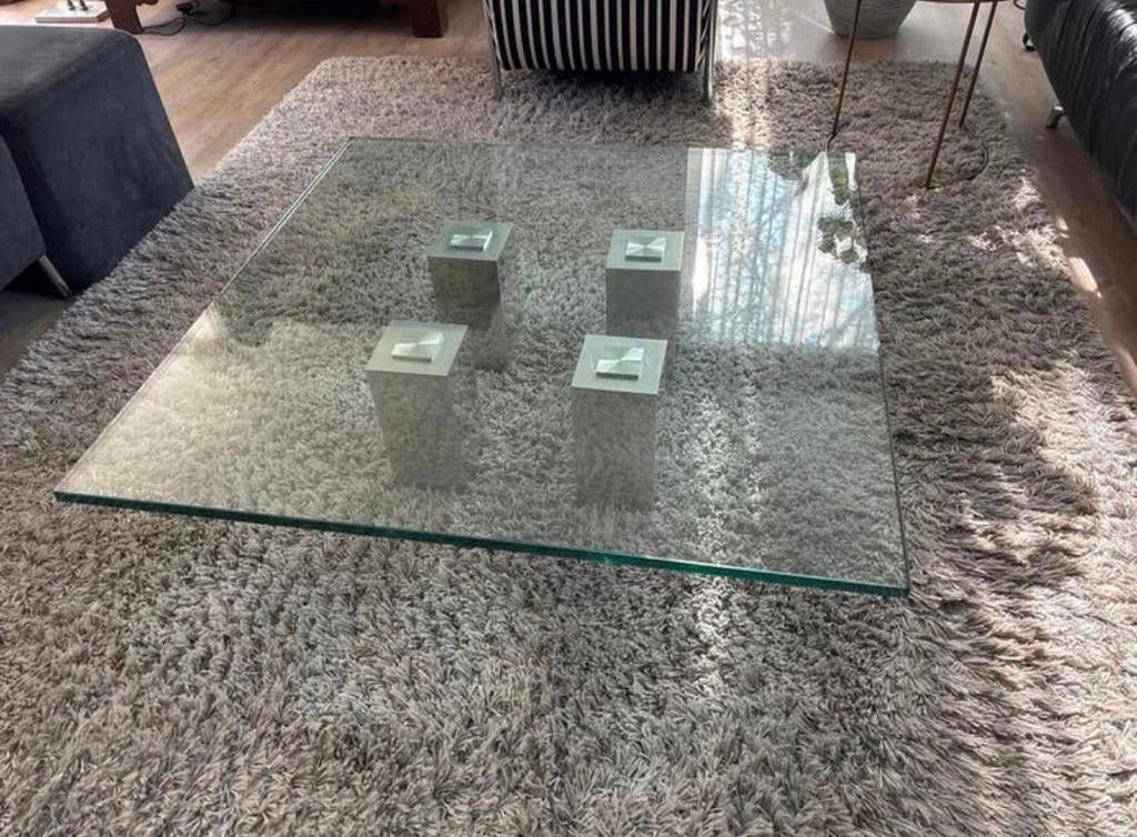 Moderne glazen salontafel 110x110x28 cm, Ophalen, Gebruikt, 100 tot 150 cm, Vierkant