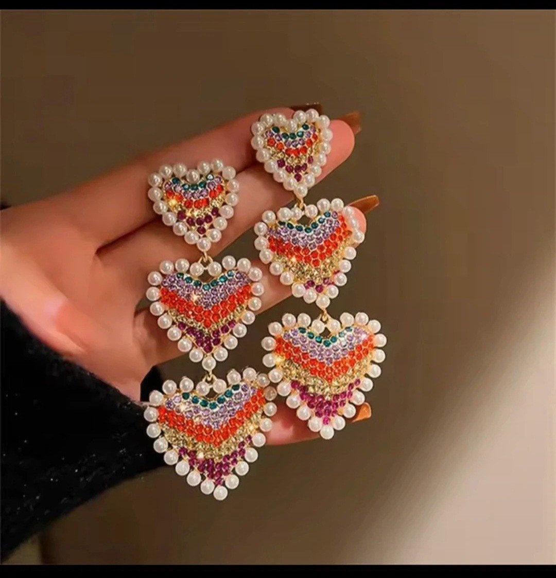 Nieuwe hartvormige oorbellen met parels en strass, Overige materialen, Hangers, Overige kleuren, Nieuw