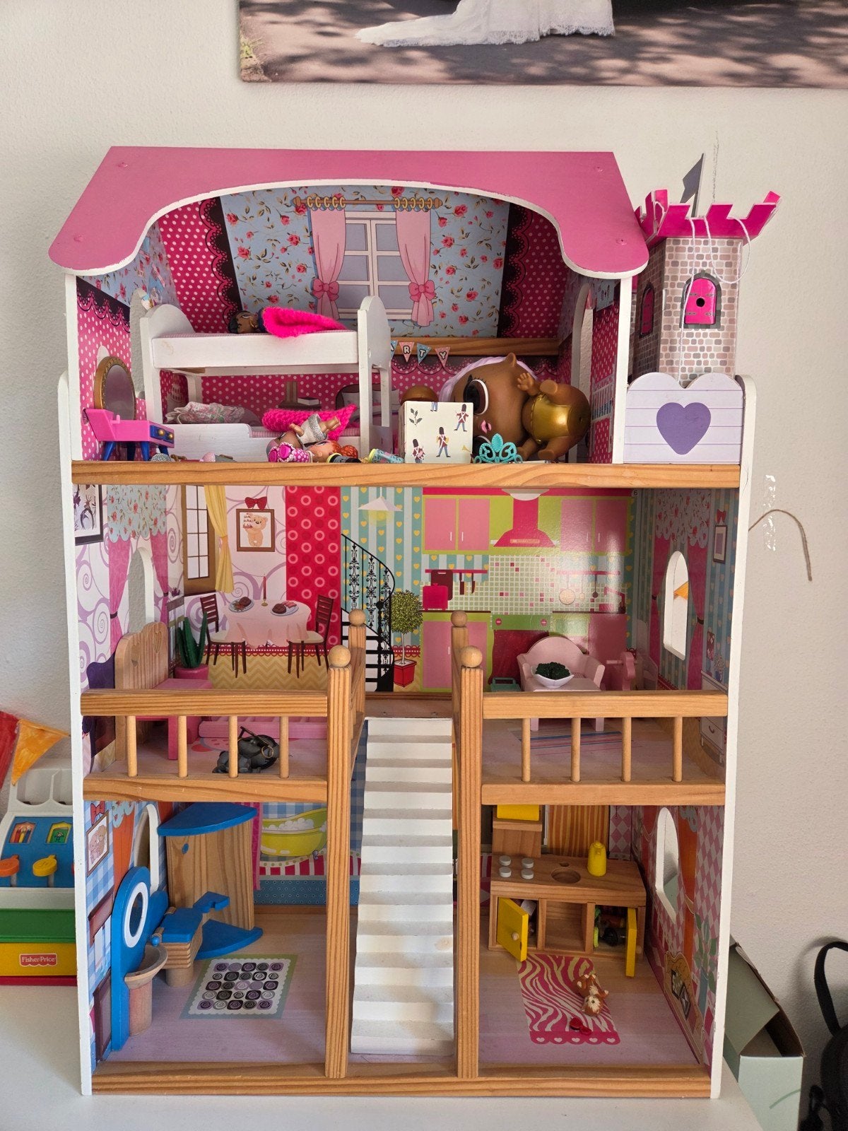 Groot houten poppenhuis met meubels en accessoires, Ophalen, Gebruikt, Overige typen