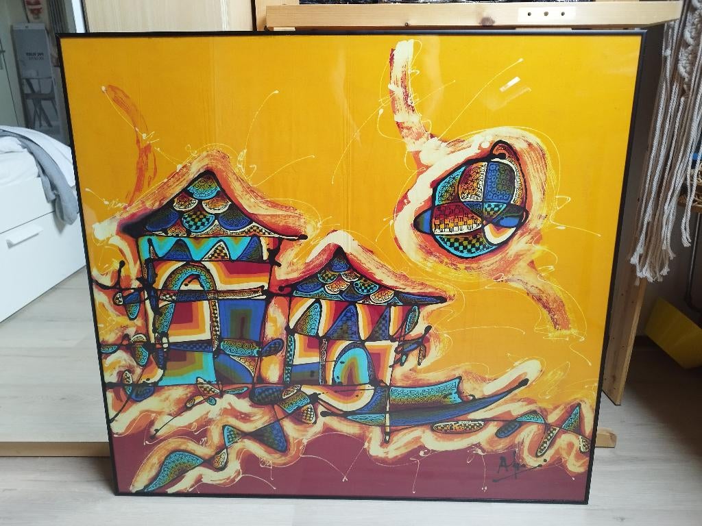 Batik schilderij met glas aan de achterkant, Huis en Inrichting, Woonaccessoires | Schilderijen, Tekeningen en Foto's, Ophalen