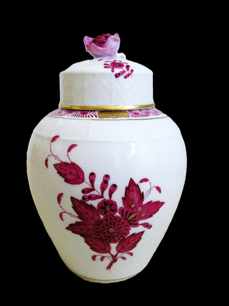 Herend gemberpot "Apponyi Purple" met roos op de deksel, Antiek en Kunst, Antiek | Porselein, Ophalen of Verzenden
