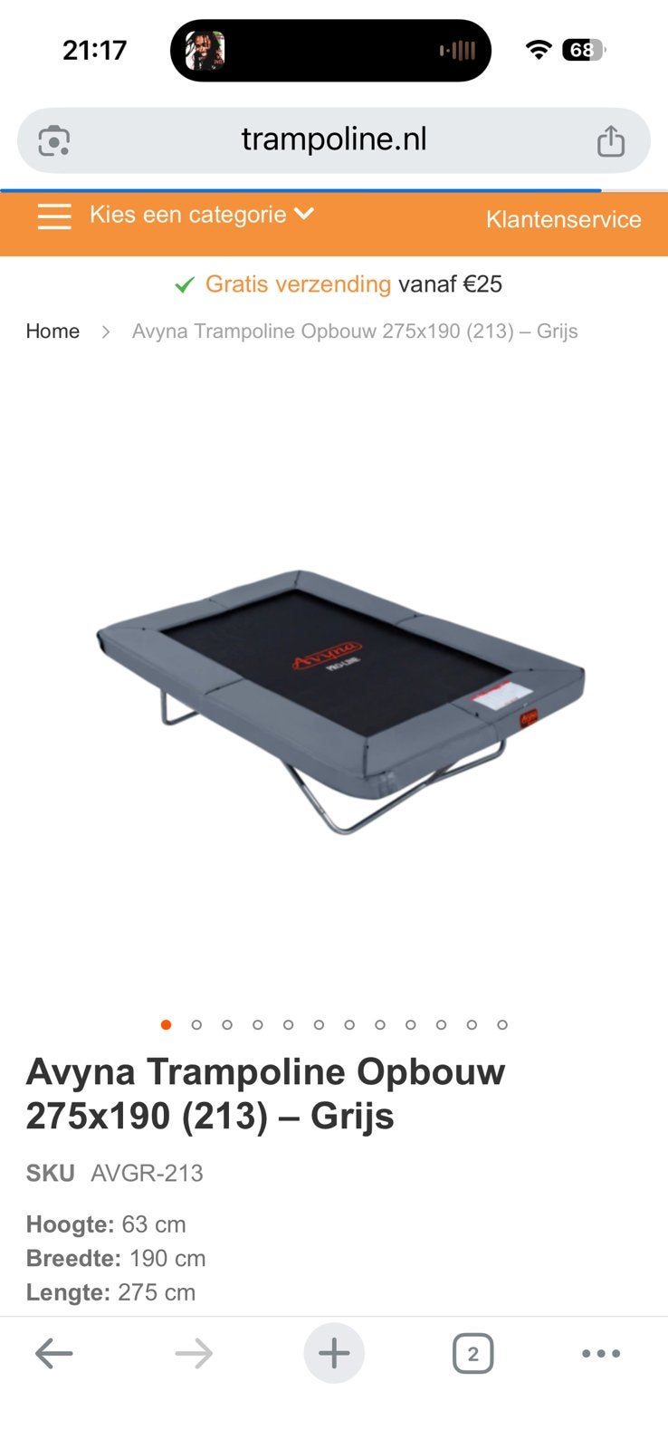 Trampoline Avyna pro-line 213 - 275*190cm, opbouw model, Ophalen, Zo goed als nieuw