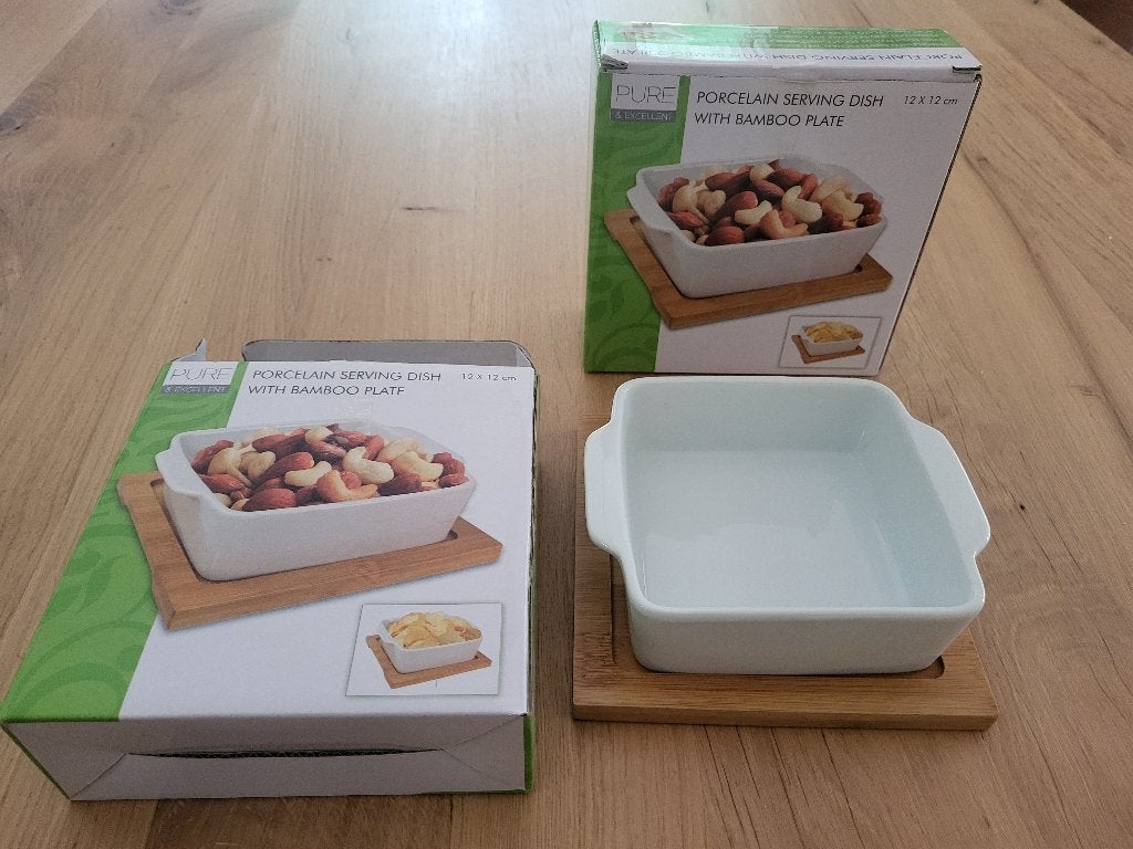 2x nieuw schaaltje met bamboo onderzetter, porselein, hout, Overige merken, Nieuw, Ophalen of Verzenden, Schaal of Schalen