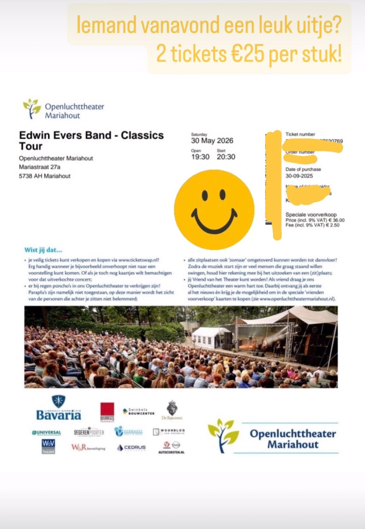 2 tickets Edwin evers band 30-5 Mariahout, Twee personen, Mei