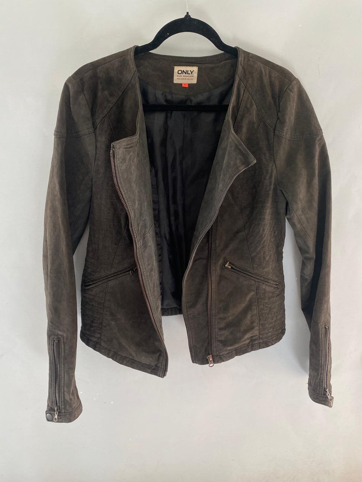 ONLY donkergrijze suède bikerjas – echt leer – maat L / 40, Kleding | Dames, Ophalen of Verzenden, Zo goed als nieuw, Maat 42/44 (L)