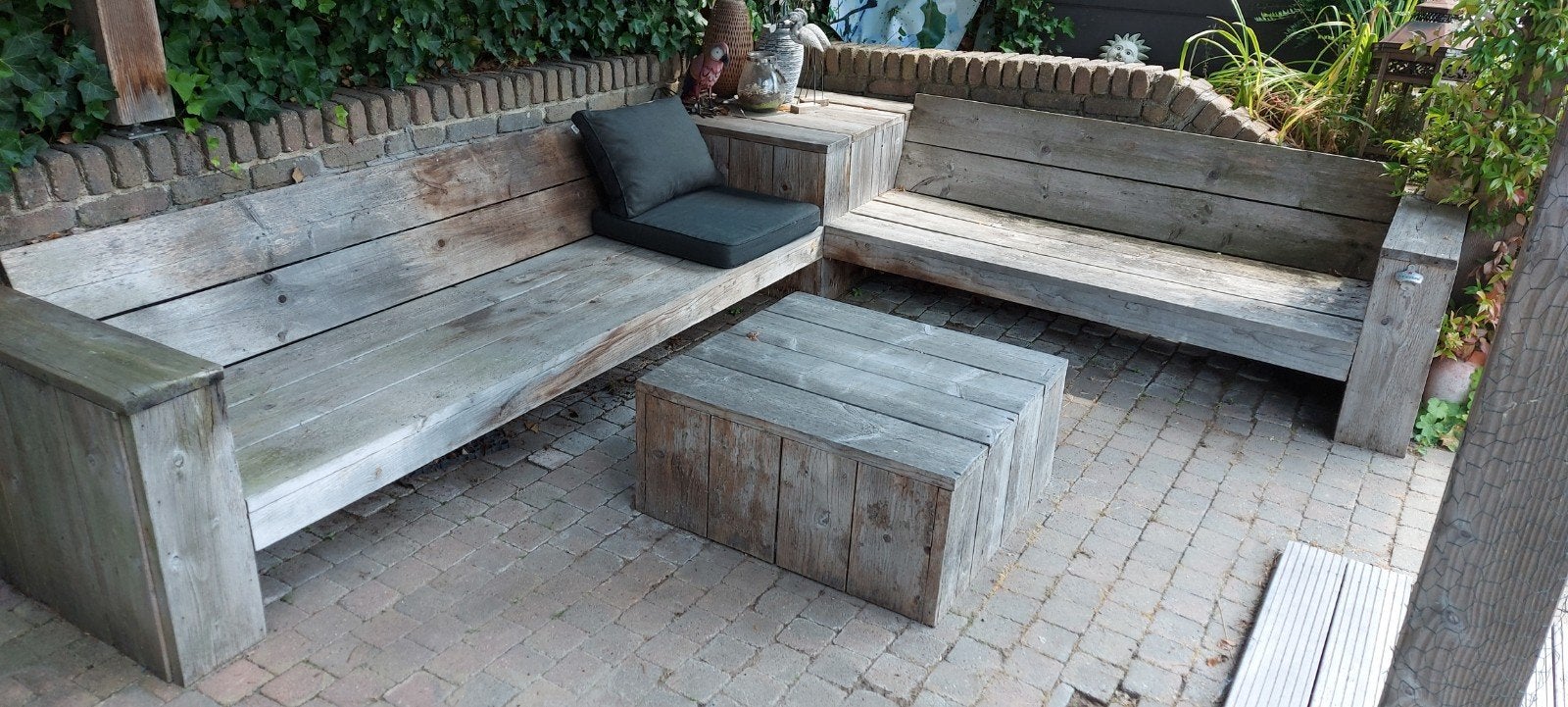 Steigerhouten Hoekbank met Salontafel, Tuin en Terras, Ophalen, Gebruikt, Hout