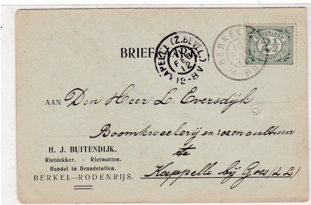 Berkel Rodenrijs-Briefkaart H.J. Buitendijk 1912, Verzenden, Voor 1920, Gelopen, Zuid-Holland