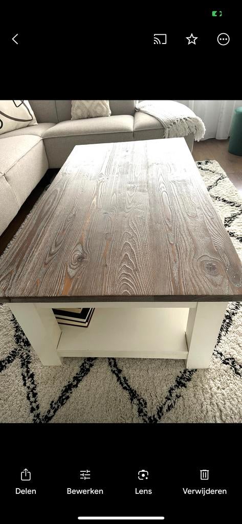 Salontafel met houtlook blad en wit onderstel, Ophalen, Gebruikt, 100 tot 150 cm, 50 tot 100 cm