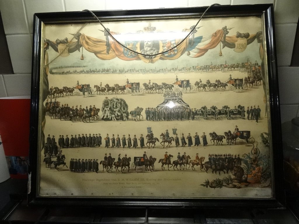 Antieke oude litho Koning Willem III van Oranje 1890, Ophalen, Portret en Figuren, Lithografie, Met glas
