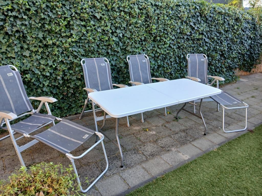 Tafel met 4 stoelen en 2 voetenbankjes Bardani, Caravans en Kamperen, Ophalen of Verzenden, Gebruikt, Campingstoel