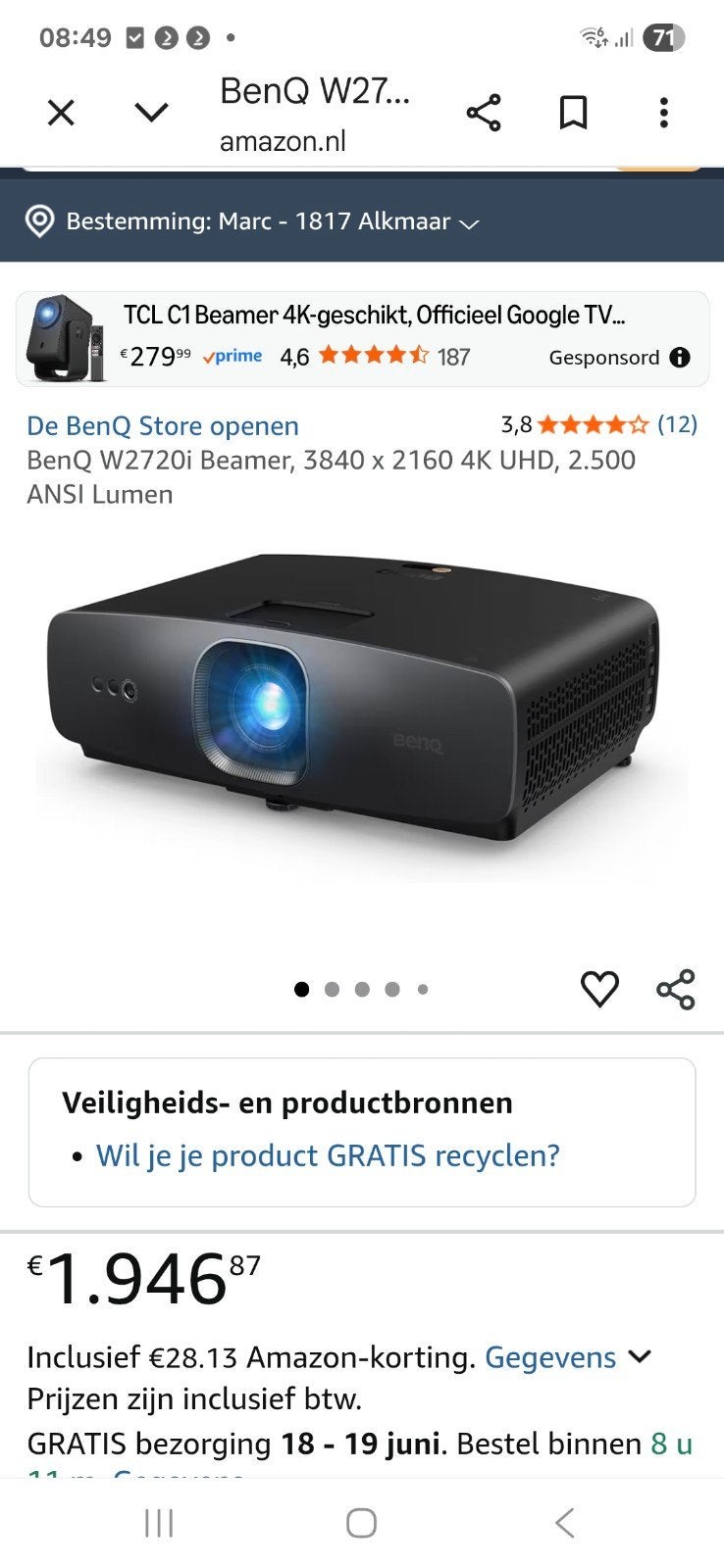 Benq W2720i 4k hdr10+ smart beamer 2025 zgan, Ophalen of Verzenden, Zo goed als nieuw, LED, Ultra HD (4K)