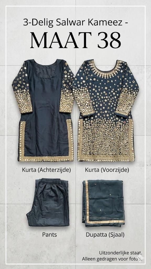 Prachtige Indiase Salwar Kameez met spiegelwerk - Maat 38, Ophalen of Verzenden, Zo goed als nieuw, Maat 38/40 (M), Blauw