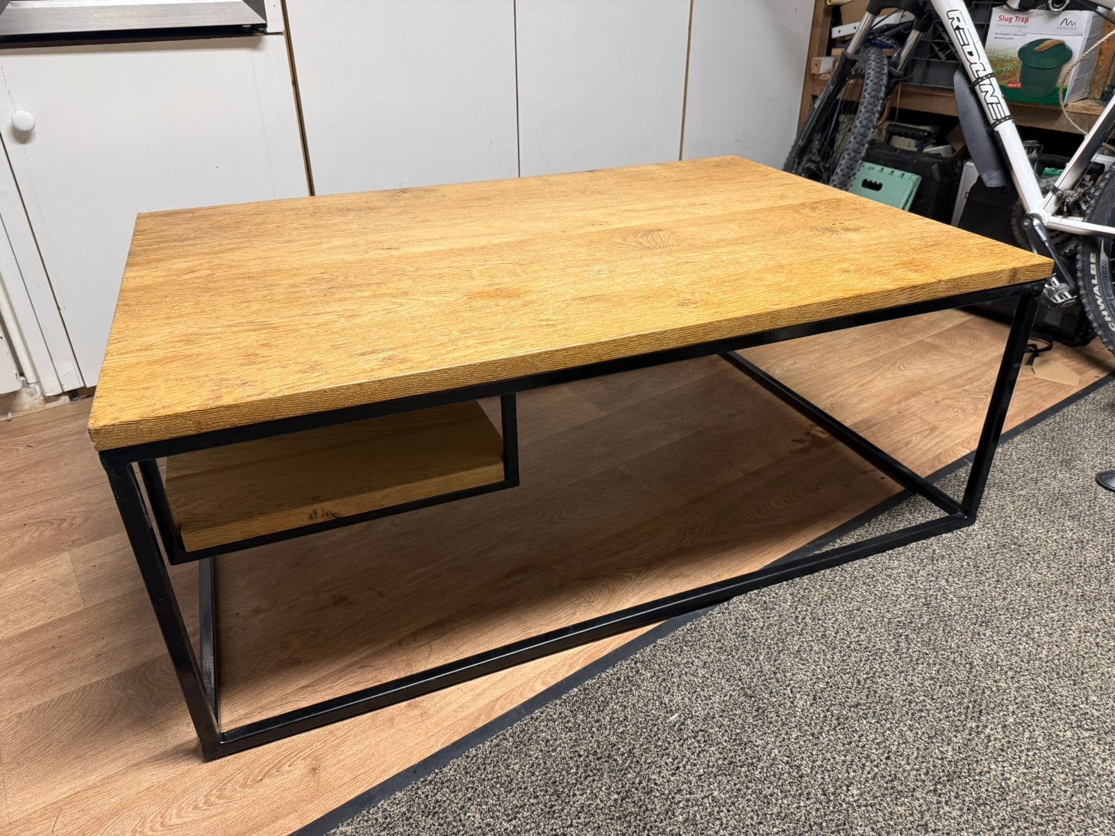 Massief eiken salontafel staal, Ophalen, 100 tot 150 cm, Industrieel, modern, 50 tot 100 cm