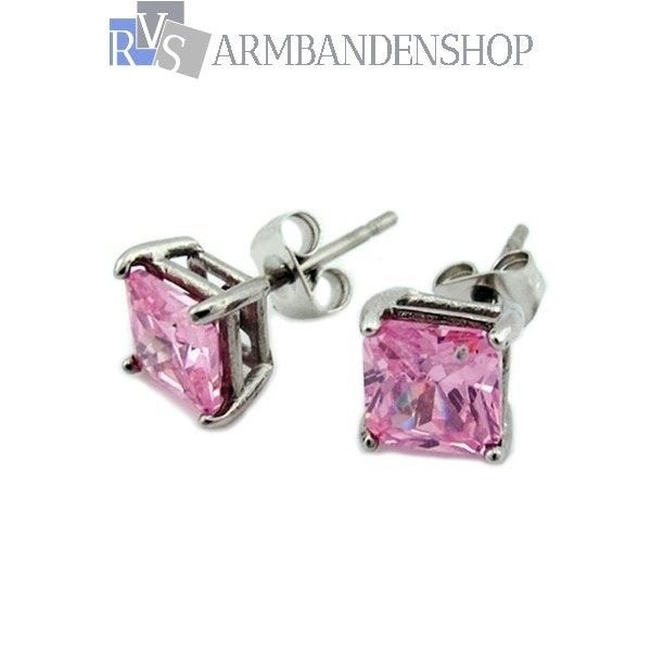 Oorbellen met een saffier roze zirkonia uitgevoerd in RVS, Overige materialen, Verzenden, Nieuw, Roze