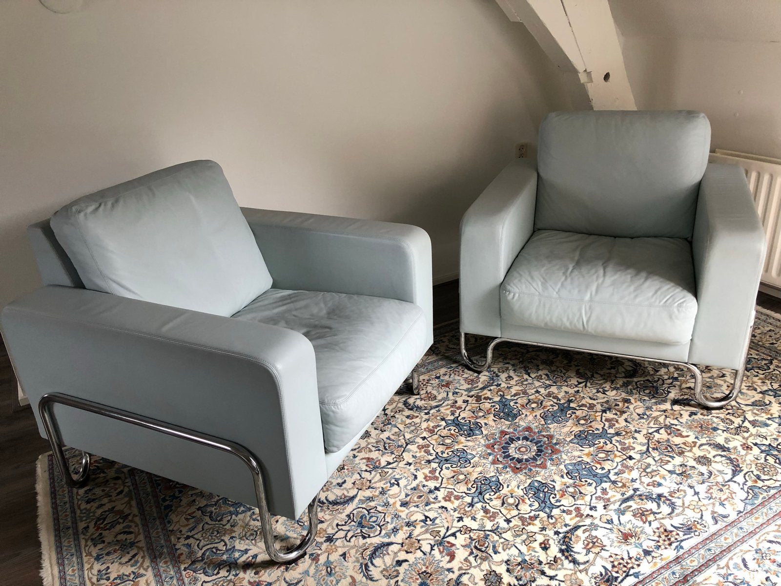 Set van 2 Gispen fauteuils - lichtblauw leer en chroom, Ophalen, Gebruikt, Twee, Blauw