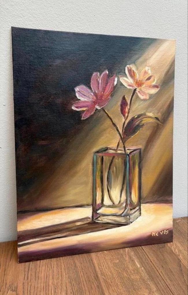 Olieverf Schilderij Bloemen in Vaas 30x40 cm, Ophalen