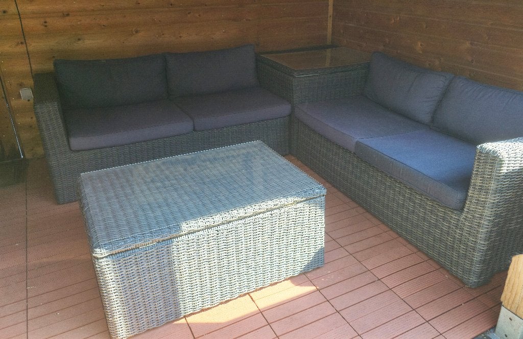 loungeset 257 x 257 kunststof vlechtwerk met opbergruimtes, Tuin en Terras, Ophalen, 4 zitplaatsen, Kunststof, Gebruikt