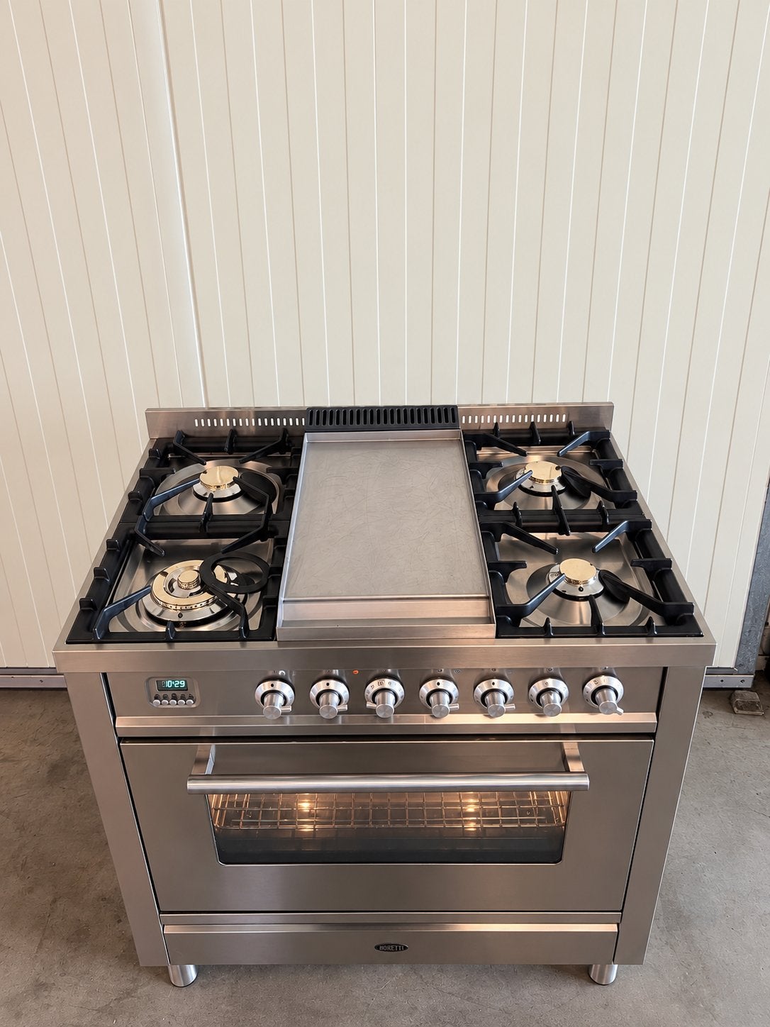 Luxe Boretti fornuis 5 pits rvs inclusief afzuigkap - 90 cm, 60 cm of meer, Ophalen of Verzenden, Zo goed als nieuw, Gas
