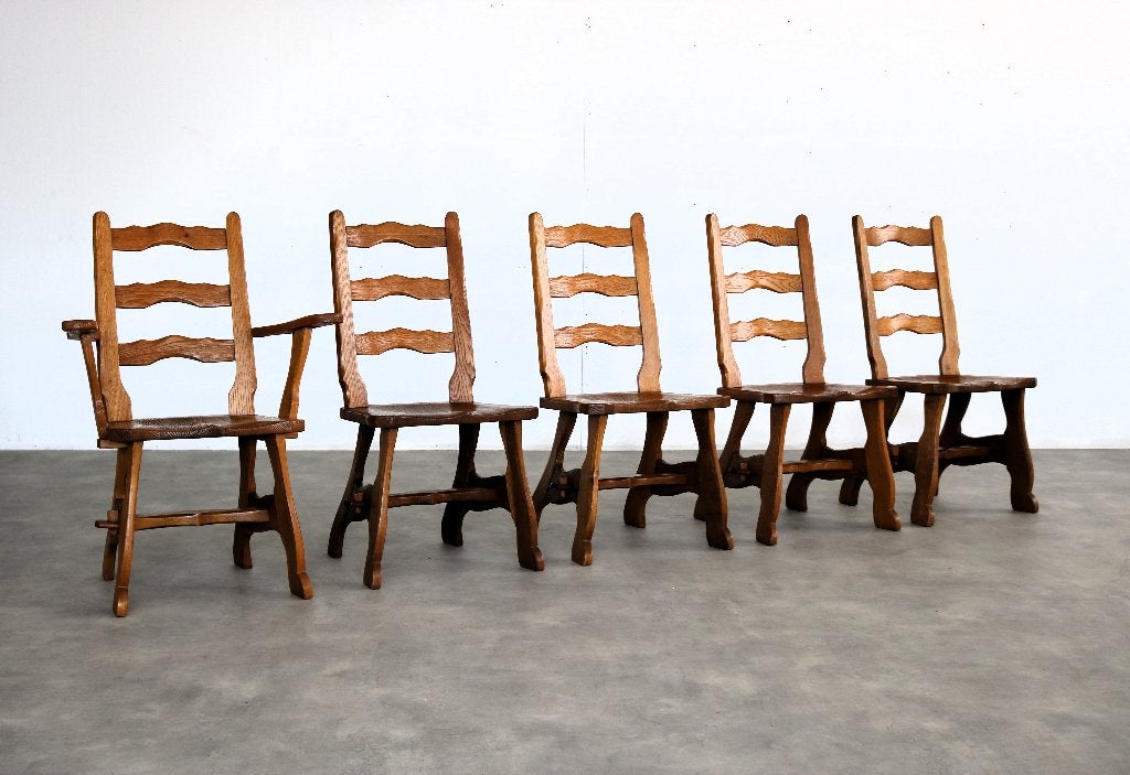 Brutalist eetkamerstoelen | vintage stoelen | jaren 50 | eik, Gebruikt, Bruin, ., Ophalen of Verzenden