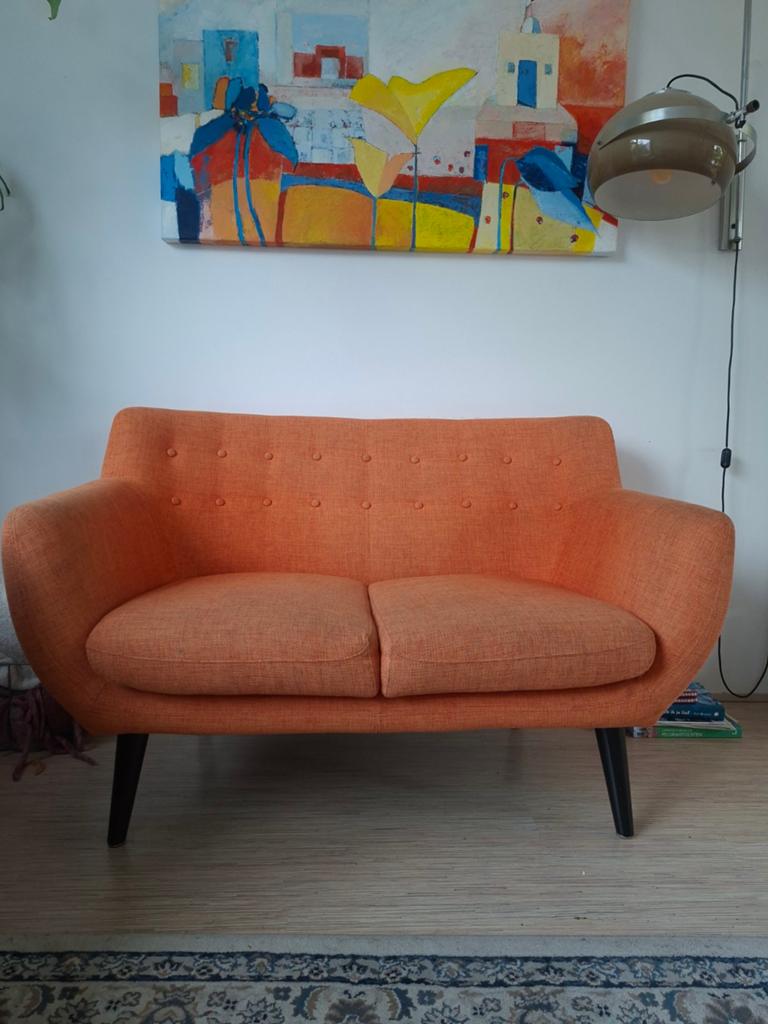 Oranje tweepersoonsbankje - Retro stijl, Ophalen, Gebruikt, Retro, Mid-century modern, 150 tot 200 cm