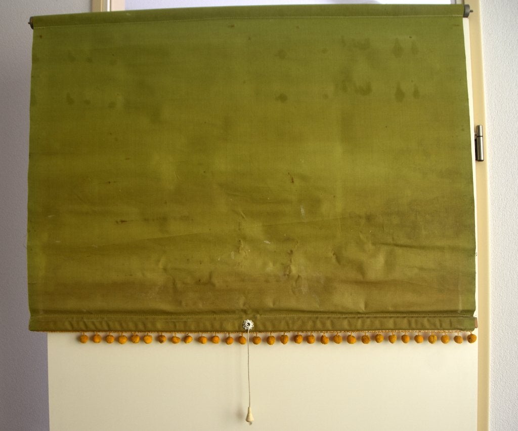 Retro groen rolgordijn met gele band + pompons 60s 70s, Verzenden, Huis en Inrichting