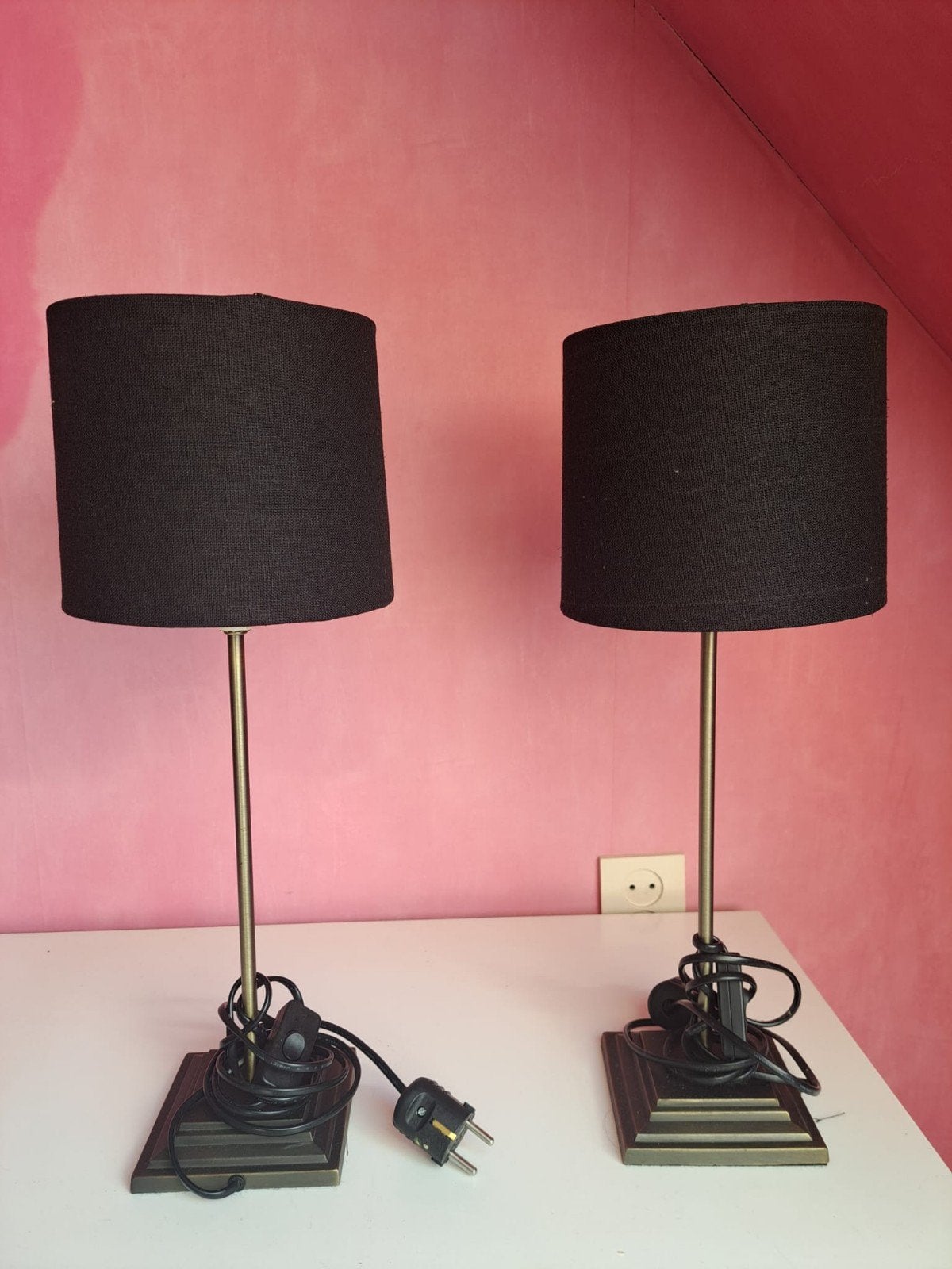 Set van 2 schemerlampen met zwarte kap en bronzen voet 50 cm, Ophalen, Zwart, Schemerlamp, Metaal