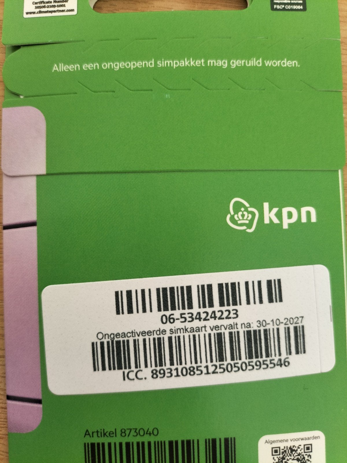 KPN Ongeactiveerde Simkaart - Geldig 30-10-2027 - 0653424223, Ophalen, Nieuw, KPN, Simkaart