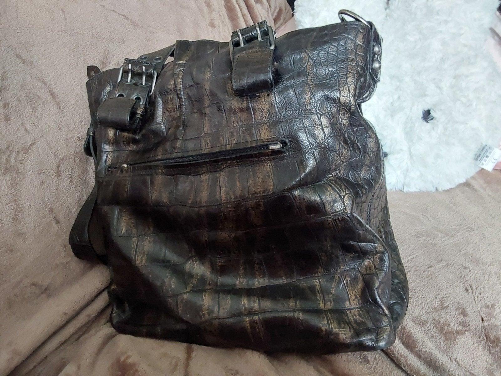 Francesco Biasia Handtas - Kroko-look, Brons/Zwart, Ophalen of Verzenden, Gebruikt, Overige kleuren, Handtas