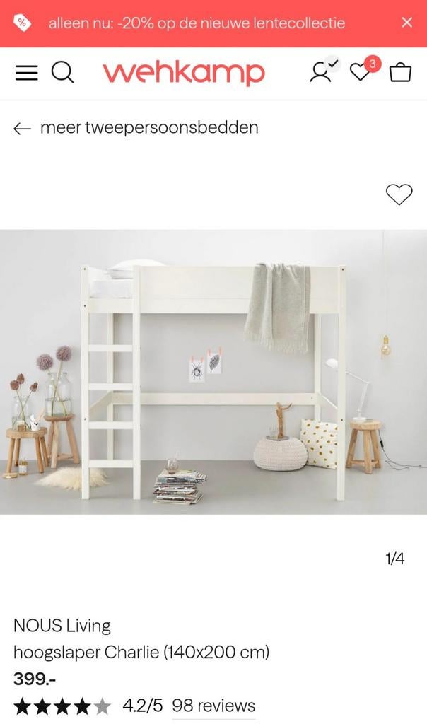NOUS Living Hoogslaper Charlie 140x200 cm, Huis en Inrichting, Slaapkamer | Stapelbedden en Hoogslapers, Ophalen, Hoogslaper, Tweepersoons