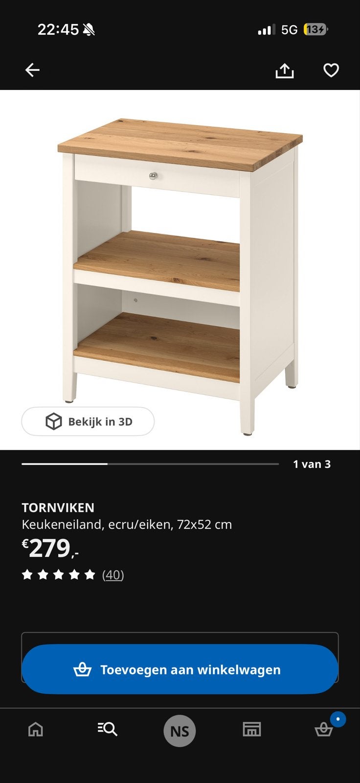 IKEA TORNVIKEN Keukeneiland - Ecru/Eiken, 72x52 cm, Ophalen, Hout, IKEA, Keukentrolley
