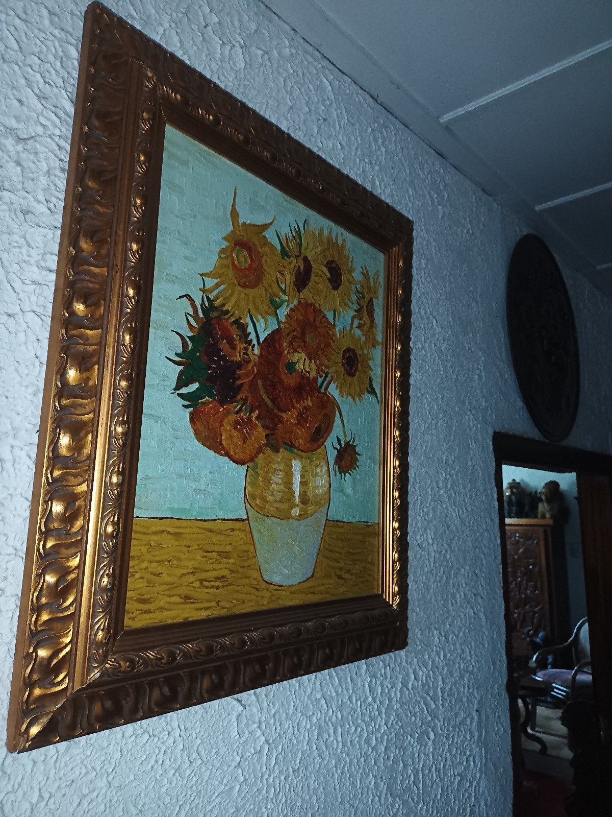 Schilderij Zonnebloemen in lijst - Van Gogh stijl, Bloemen, Doek, Expressionistisch, Ophalen of Verzenden
