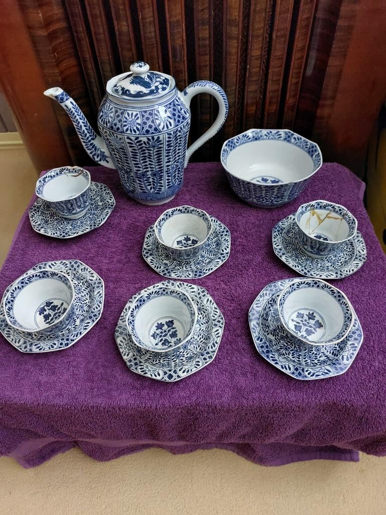 Koffie Theeservies, 8 delig. Blauw wit., Antiek en Kunst, Ophalen of Verzenden