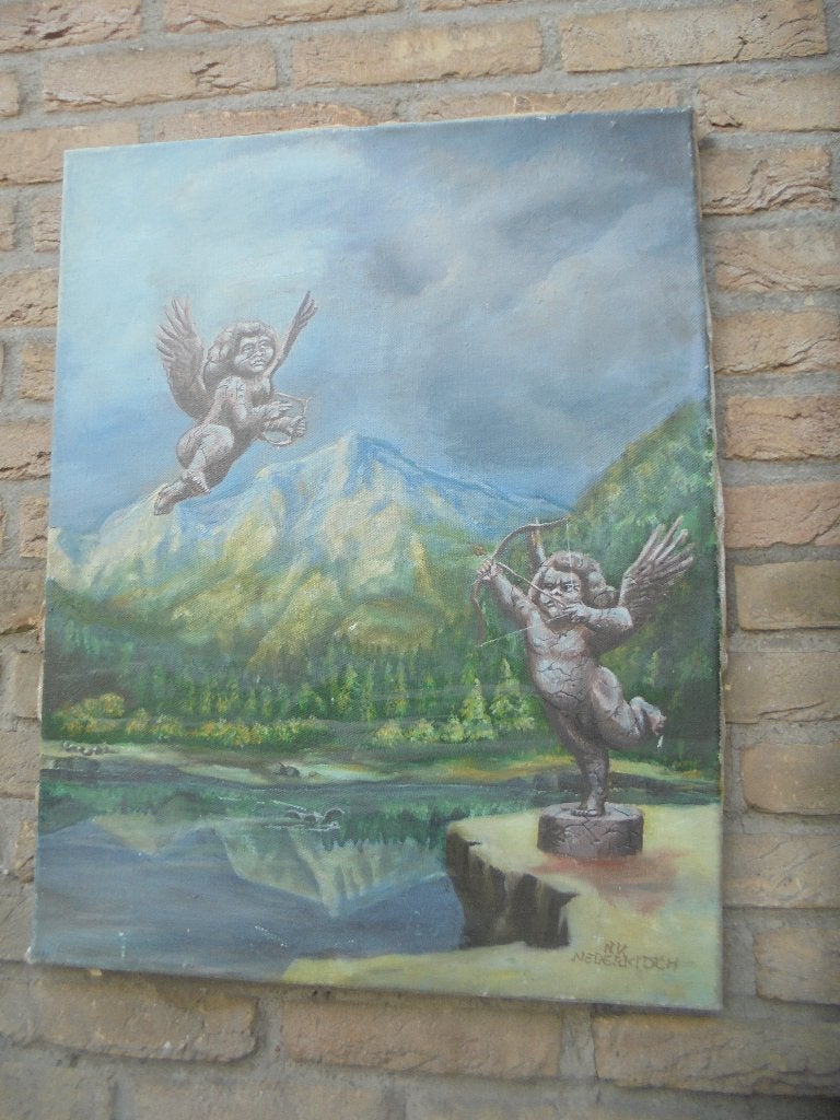 Leuk oud schilderij met afbeelding 2 cupidos, Ophalen, Doek, Impressionistisch, Landschap